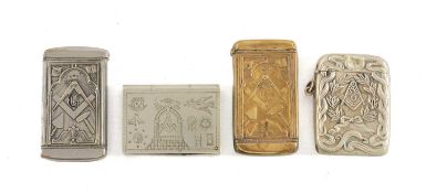 MASONIC INTEREST: FOUR METAL VESTA CASES, embossed and pierced with Masonic symbols Provenance: