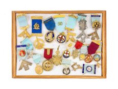 MASONIC INTEREST: METAL & ENAMEL JEWELS with silk ribbons (20) Provenance: private collection