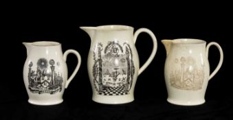 MASONIC INTEREST: THREE 18TH CENTURY CREAMWARE JUGS, transfer printed with Masonic symbols and