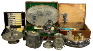 ASSORTED SILVER PLATE & OTHER MISCELLANEOUS METALWARE, including cutlery, hammered pewter footed