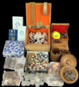 ASSORTMENT OF COSTUME JEWELLERY, COINS, PERFUMES ETC. Provenance: private collection Denbighshire