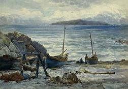 ROBERT MALCOLM LLOYD (British, 1859-1907) watercolour - fishing boats ashore with windlass and