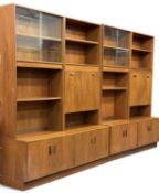 MID-CENTURY G PLAN TEAK WALL UNITS with two drop-down sections, total dimensions 198 (h) x 325 (w) x