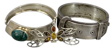WHITE METAL JEWELLERY, including a buckle-design bangle, cuff bracelet set with malachite stone