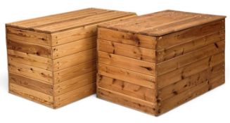 TWO MODERN PINE SLATTED STORAGE BOXES on castors, 61 (h) x 95 (w) x 57cms (d) (2) Provenance: