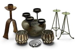 SELECTION OF CANDLE HOLDERS, stone and metal examples, 34cms (h) the largest Provenance: private