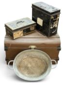 METAL FURNISHINGS to include two-handled galvanised tub / bath, 20 x 56cms; metal trunk, 47 (h) x 70