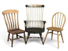 THREE VINTAGE SPINDLE-BACK CHAIRS, including a high-back rocker, 105 (h) x 60 (w) x 74cms (d) (3)