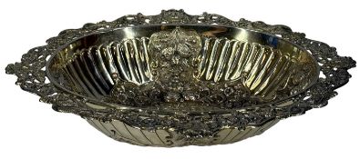 VICTORIAN OVAL SILVER BOWL, pierced rim with animal masks, fruit, flowers and serpents, the main