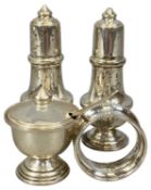 ELIZABETH II SILVER CONDIMENT SET, baluster form salt and pepperette, circular footed mustard pot