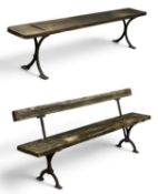 TWO RAILWAY-TYPE BENCHES, 75 (h) x 201 (l) x 37cms (d) and 46 (h) x 205 (l) x 37cms (d) (2)