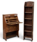 EDWARDIAN OAK SLIM BUREAU with two base drawers, 99 (h) x 61 (w) x 29cms (d); and a similar-era