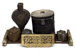 ECLECTIC FURNISHING PIECES, to include fireside items, weights, bellows, hat box Provenance: private