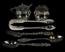 SILVER COLLECTABLES, including circular open salt and lidded mustard pot, pair of sugar nips,