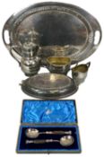 ASSORTED PLATED WARE, including an oval tea tray with pierced rim, cased pair of silver spoons