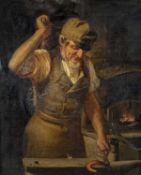 19TH CENTURY PROVINCIAL ENGLISH SCHOOL oil on canvas - smithy interior with blacksmith in cap and