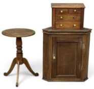 OAK APPRENTICE-TYPE CHEST OF DRAWERS with brass knobs, 37 (h) x 39 (w) x 19cms (d); circular-top
