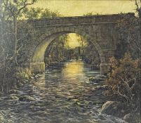 ‡ MOSS WILLIAMS (Welsh, 1894-1975) oil on board - entitled 'Pont Peblig, Dusk', signed, label
