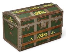 VINTAGE WOODEN & METAL-BANDED DOME-TOP PAINTED TRUNK painted in the barge-ware style and dated 1893,