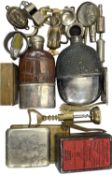VINTAGE COLLECTABLES, including two hip flasks, brass door knockers, cigarette cases, tin plate,