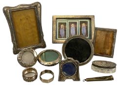 SILVER / SILVER-MOUNTED COLLECTABLES, including photograph frames, cut glass lidded box, serviette