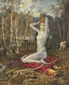 ‡ MOSS WILLIAMS (Welsh, 1894-1975) oil on board - entitled 'Diana and Her Dogs', signed, label verso