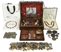COSTUME JEWELLERY including necklaces, brooches and wristwatch with collection of coins and
