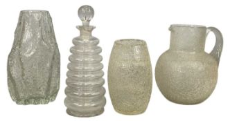 MID-CENTURY TEXTURED CLEAR GLASS VASE of sculptural design, 26cms (h); 'beehive' clear glass