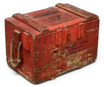 VINTAGE PAINTED TIMBER AMMUNITION / EXPLOSIVES STORAGE BOX with rope handles, 45 (h) x 72 (w) x