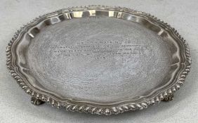 ELIZABETH II CIRCULAR SILVER CARD TRAY, gadrooned and moulded border, on four scroll feet,
