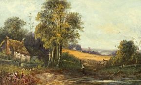 UNKNOWN EARLY 20TH CENTURY oil on card - landscape with central figure and thatched cottage to side,