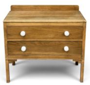 VINTAGE OAK DRESSING CHEST of two drawers with rail back and white ceramics knobs, 85 (h) x 92 (w) x