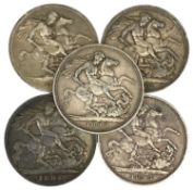 FIVE QUEEN VICTORIA SILVER CROWNS, 1990 (x2), 1993, 1995 and 1996, 139.5g gross Provenance: