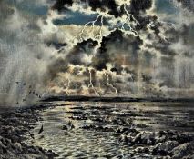 ‡ MOSS WILLIAMS (Welsh, 1894-1975) oil on board - stormy sky over rocky shoreland, signed, label