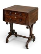 VICTORIAN FLAME MAHOGANY FLAP-ENDED TWO-DRAWER WORKTABLE on scrolled and stretcher supports, 73 (