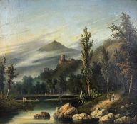 LATE 19TH CENTURY EUROPEAN SCHOOL oil on canvas - figures walking by waterside with castle and