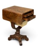 VICTORIAN FLAME MAHOGANY DROP-LEAF HABERDASHERY TABLE, two drawers, fabric storage, on a quadra