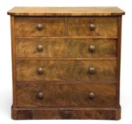 VICTORIAN FLAME MAHOGANY CHEST of two over three long drawers, with turned knobs, 111 (h) x 117 (