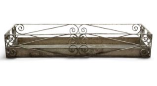 LARGE METAL GARDEN PLANTER with scrolled sides and tray, 21.5 (h) x 126.5 (w) x 29.5cms (d)
