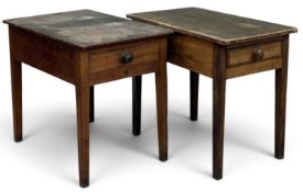 NEAR PAIR OF VINTAGE PITCH PINE & OAK SIDE TABLES / DESKS with two end drawers, 76 (h) x 55 (w) x