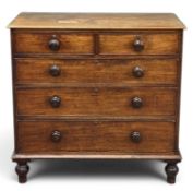 VICTORIAN MAHOGANY CHEST of two over three long drawers, with turned knobs and bun feet, 97 (h) x