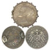 SILVER COINS, to include a Queen Victoria silver crown, 1844, mounted as a brooch; Uruguayan 1 peso,