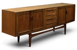 MID-CENTURY TEAK SIDEBOARD, cupboard doors with a bank of four central drawers, 80 (h) x 214 (w) x