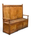 ANTIQUE PINE HIGH BACK BOX SEAT SETTLE, 126 (h) x 148 (w) x 45cms (d) Provenance: private collection