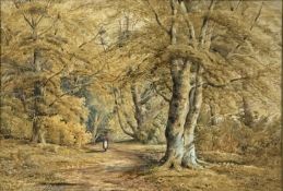 19TH CENTURY WELSH SCHOOL watercolour - woodland scene with lady in traditional dress carrying