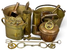 ASSORTED METALWARE, 19th century and later, including two circular brass skillets/jam pans with