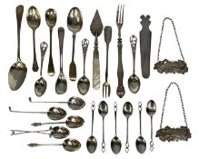 ASSORTMENT OF SILVER COLLECTABLES, including spoons, bookmark, wine labels, butter knife etc.,