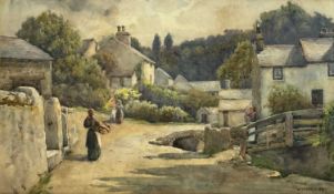 WILLIAM STEPHENSON (British, 1857-1938) watercolour - Welsh village, possibly Rowen, with figures,