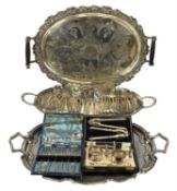 ASSORTED SILVER PLATE, including oval tea tray with grape and vine leaf moulded border and turned
