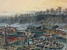‡ MOSS WILLIAMS (Welsh, 1894-1975) oil on board - moored boats, entitled verso 'End of Day',